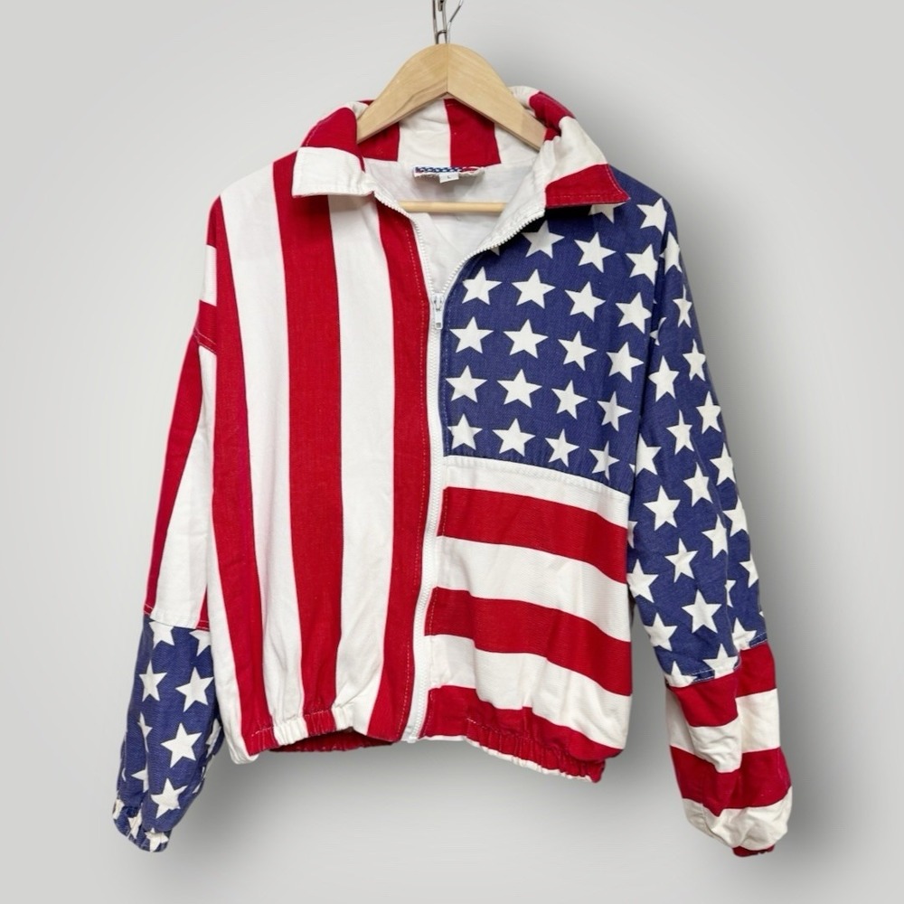 American Flag Jacket L Stars Stripes Vintage Full Zip Bomber USA Patriotic 90s